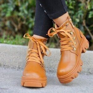 Womens Tan Combat Ankle Boots Lace Up Heeled